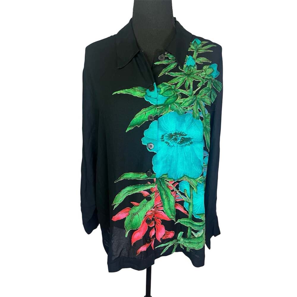 Carole Little German Rayon Wearable Art Sz 8 Floral Button Up Blouse Floral 80s